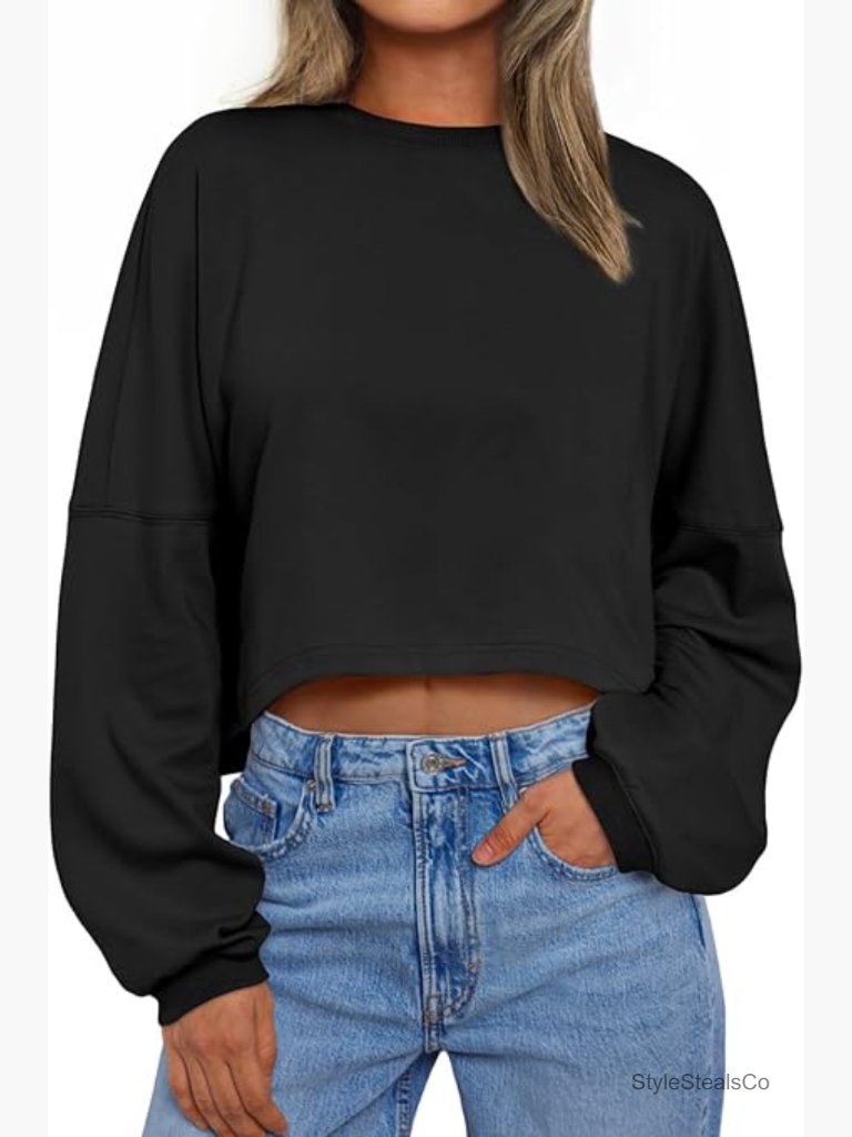 Cropped Oversized Sweatshirt Crewneck Long Sleeve Pullover Fall Winter Trendy